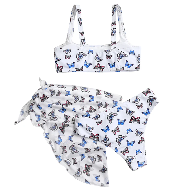 

Meihuida Bikinis 2021 Women Three-piece Swimsuit with Flower Print and Bow Decoration Style Summer Clothing Suits+Skirt