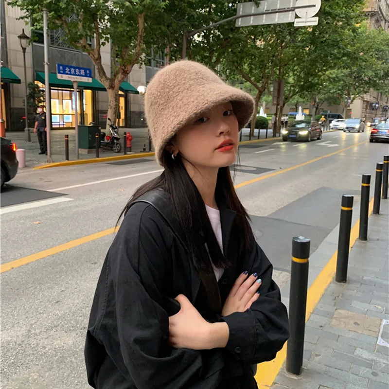 

Hat Female Autumn and Winter Lambswool Fisherman's Cap Small Along Retro Ins Plush Basin Cap Bucket Hat