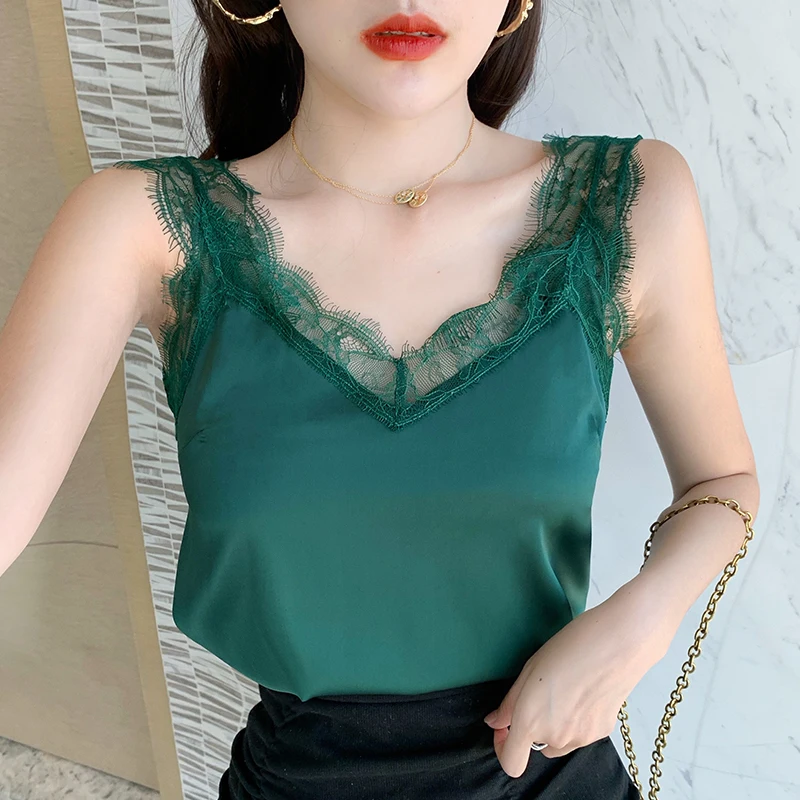 Корейский модный Шелковый женский топ уличная одежда пикантные топы кружевной