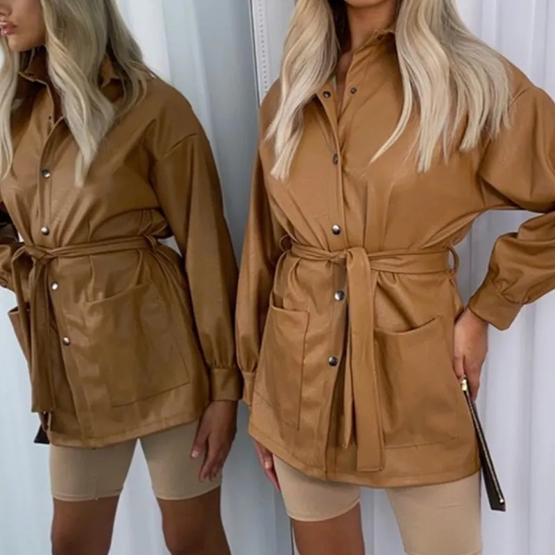 

Elegant PU Coats Women Jackets Spring Autumn Single Breasted Pockets Buttons Coat Fashion Long Sleeve Jackets For Women 2021