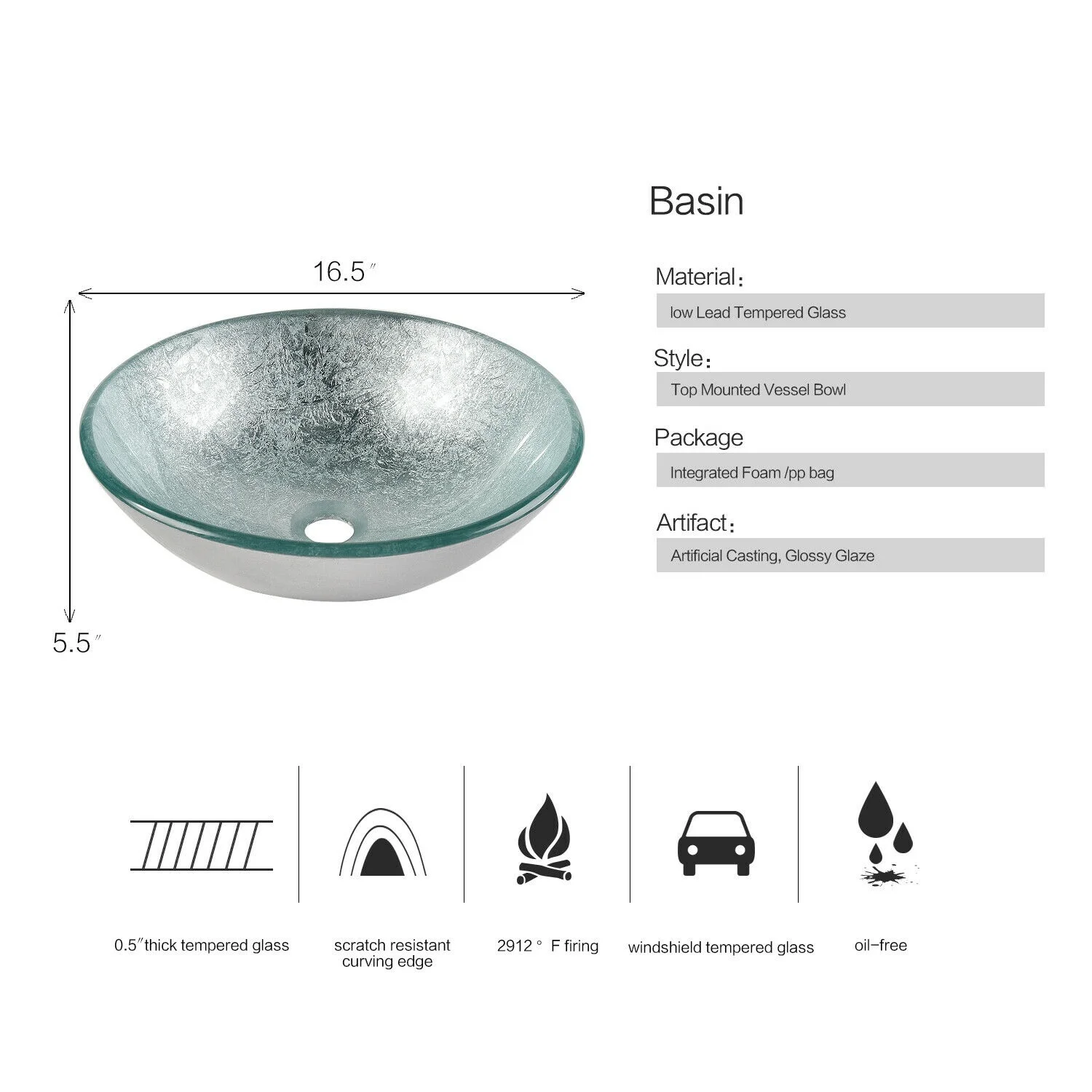 Ванная комната Круглый серебро закаленное стекло сосуд раковина умывальник чаша