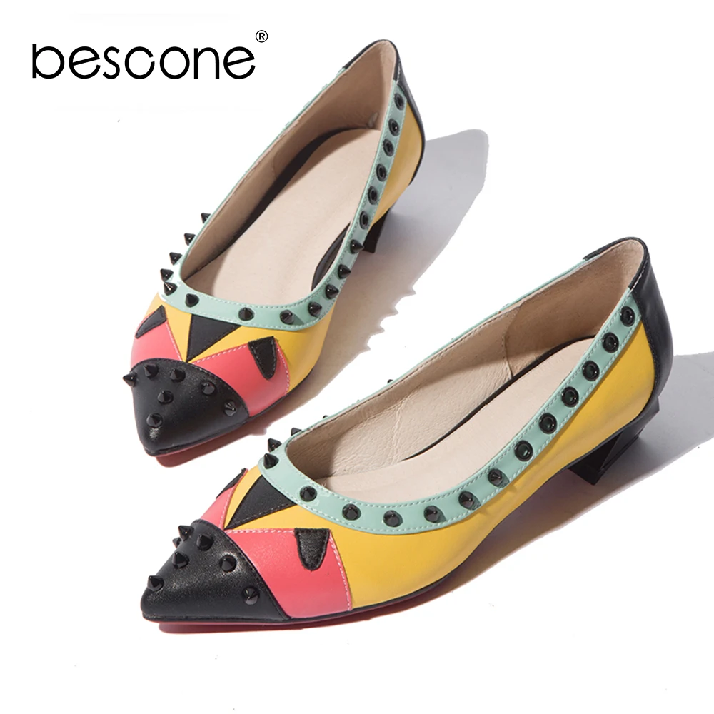 Новые модные женские туфли BESCONE новые уникальные туфли-лодочки с заклепками и