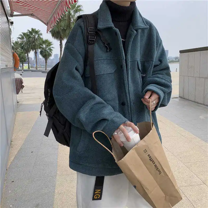 

Японская мода мужская 2021 Зимняя шерстяная куртка мужская и женская свободная и универсальная ветровка Мужская Короткая Повседневная шерст...