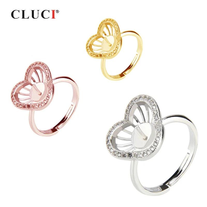 

CLUCI Silver 925 Love Heart Pearl Ring Mounting for Women 925 Sterling Silver Zircon Rings Jewelry Adjustable Rings SR2005SB
