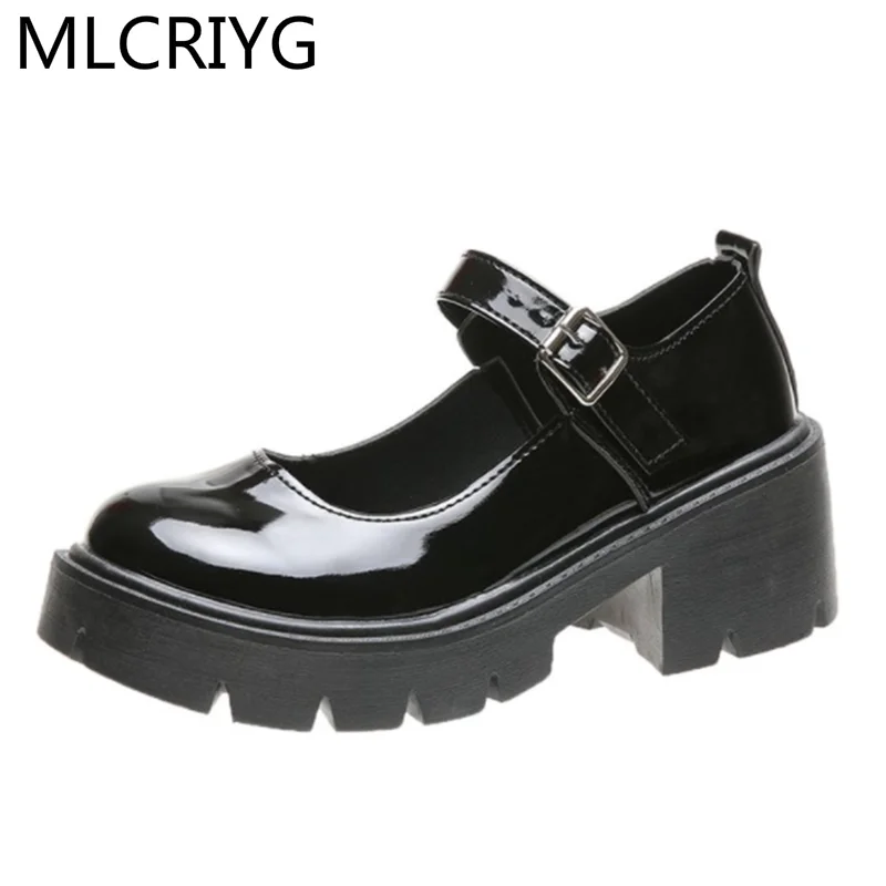 

2021 Autumn Women Flat Shoes Fashion Vintage Buckle Platform Women PU Leather Casual Shoes Round Head Platform Shoes for Woman