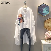xitao irregular pleated black white shirt women clothes 2019 tide print button blouse top summer fashion new match all zll4271