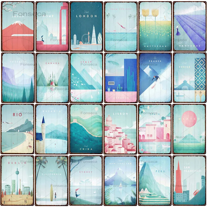 

Famous World Travel City Landscape Series Attractions Metal Signs Wall Art Tin Poster For Living Room Decoration Iron Painting