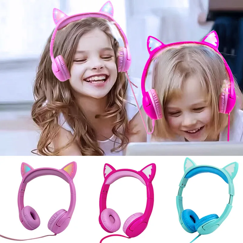 

Детские наушники для учебы, портативные цветные светящиеся милые наушники с кошачьими ушками, эластичные регулируемые наушники для детей, ...