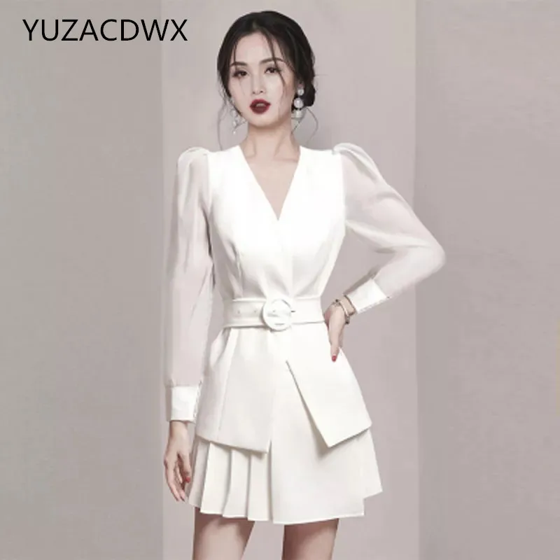 

YUZACDWX 2021 Autumn Vintage Office 2Pce Set Women V Collar Jacket Coat+Fashion Pleated Mini Skirt Korean Chic Lady Skirts Suit