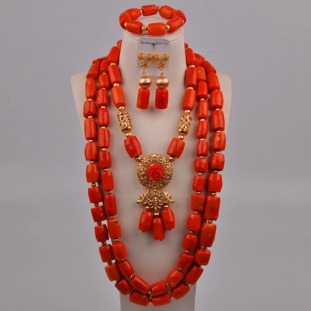 

Nigerian Wedding African Beads Jewelry Set Red/White/Orange Coral Beads Bridal Jewelry Sets 2-18-G2