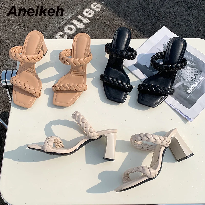 

Aneikeh 2022 NEW Summer Fashion Solid PU Weaving Square High Open Toe Women Mules Concise Shallow Slip-On Outdoor Slippers 35-39