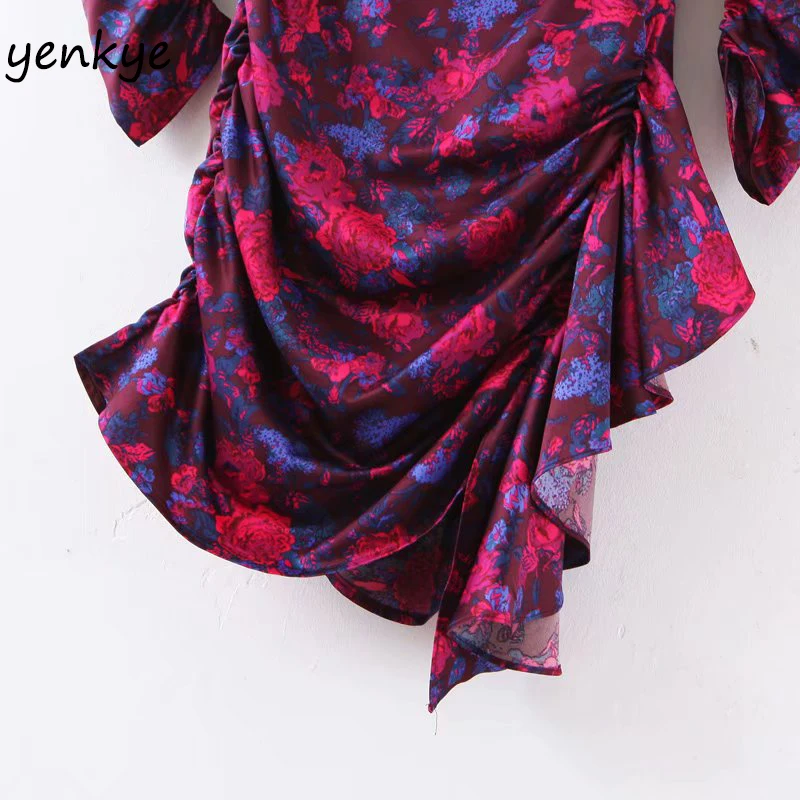 Женское шифоновое платье с цветочным принтом круглым вырезом и пышными