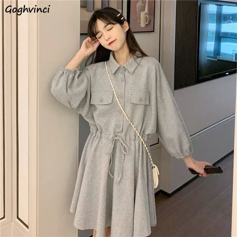 

Женское платье с длинным рукавом, с отложным воротником, на завязках, до колен, повседневное, для девушек, в Корейском стиле, размера плюс, 2XL, ...