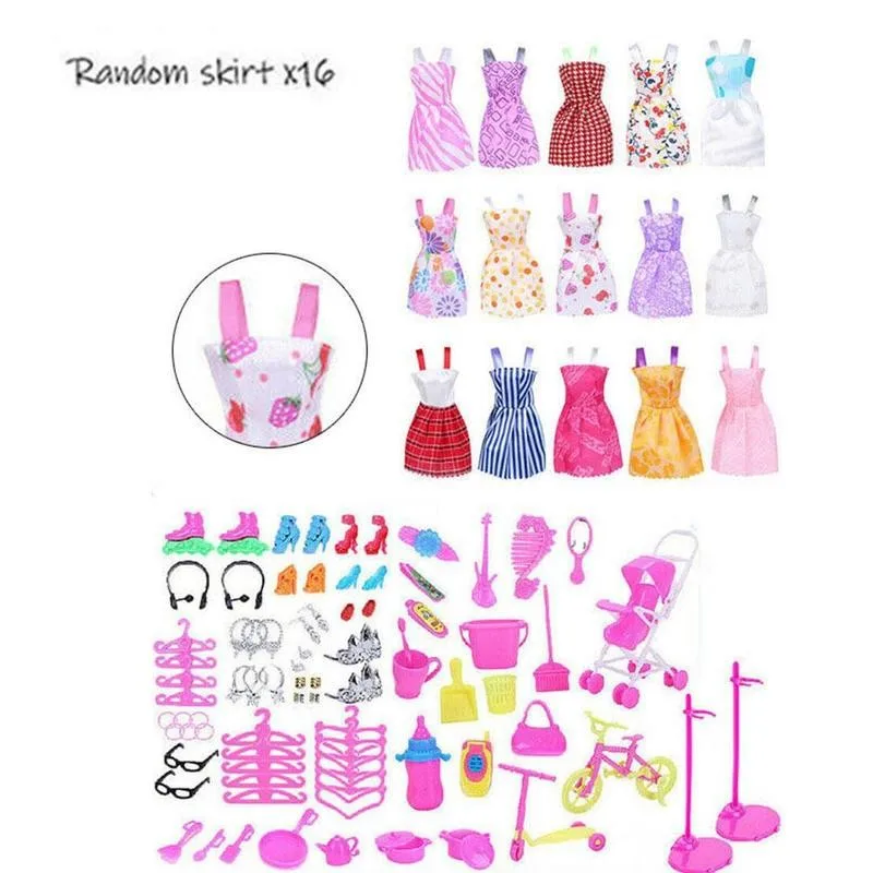 

114pcs/setdoll Accessories Dolls Shoes Boots Mini Dress Toys Glasses Dolls Diy House Games Clothes Hangers Handbags X8X0