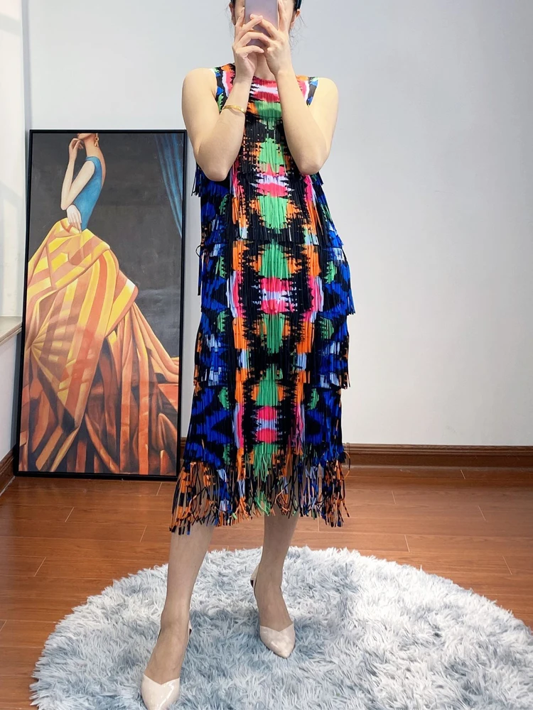 Changpleat 2021 Summer New Miyak Pleated Women Dresses Fashion Printed tassel O-neck sleeveless Elastic waist Ffemale Dress