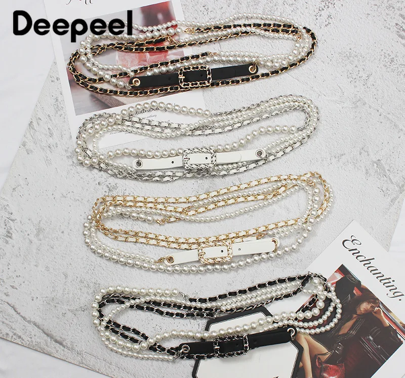 

Deepeel 1pc 1cm*320cm New Fashion Pearl Cummerbunds Metal Chains PU Decoration Female Waist Corset with Skirt Long Waist Belts