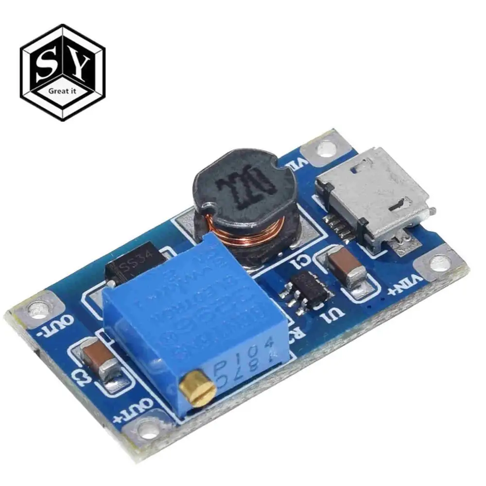 1 шт. Great IT MT3608 2A Max DC-DC Повышающий Модуль питания усилитель мощности 3-5 в до 5 В/9 В/12 В/24 В - Цвет: mt3608 with usb