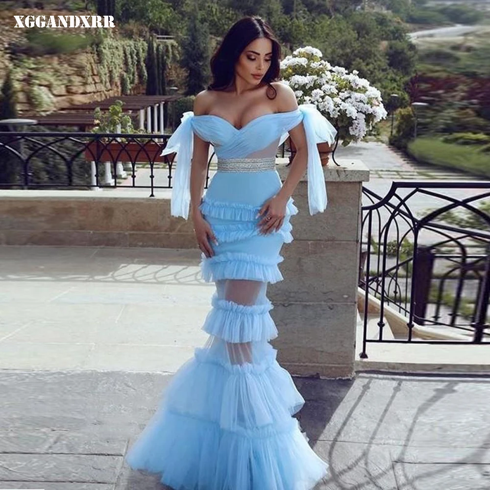 

Потрясающее платье-Русалка для выпускного вечера 2022 тюль с блестками плиссированная длинная юбка голубая накидка вечерние рукавов вечернее платье на заказ