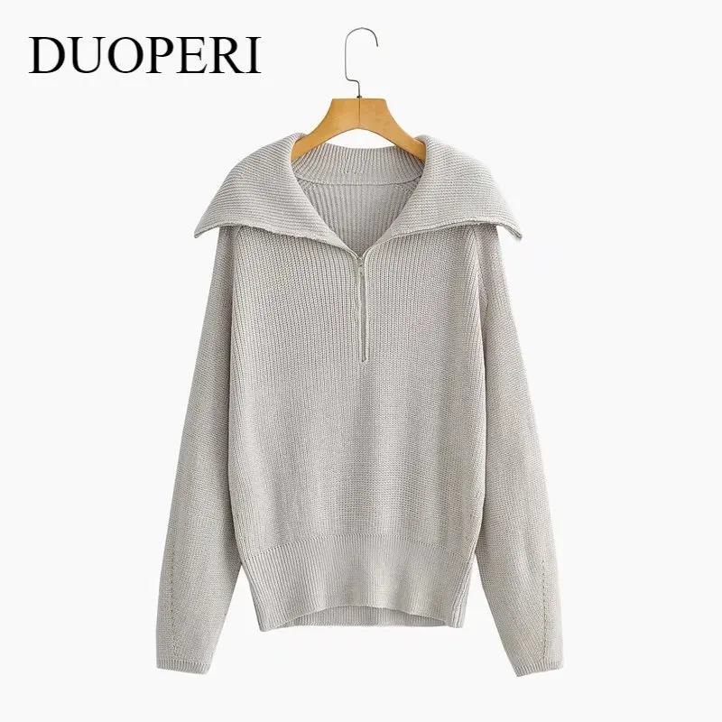 

DUOPERI Women Fashion Knit Solid Sweater Vintage Long Sleeves Lapel Neck Knitwear Casual Knitted sweaters Pullover Woman Tops