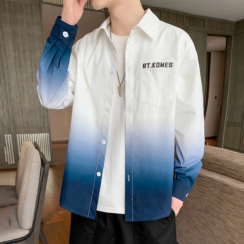 

Men's Long-sleeved Shirt 2021Jacket Japanese Trend Joker Casual Shirt Gradient Coat Clothes Beach Shirt Men Clothing Mens Shirts