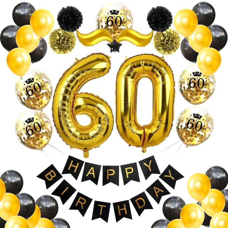 1 Набор С Днем Рождения для взрослых 20th 50th 40th 30th 60th Year Decoration черный золотой баннер