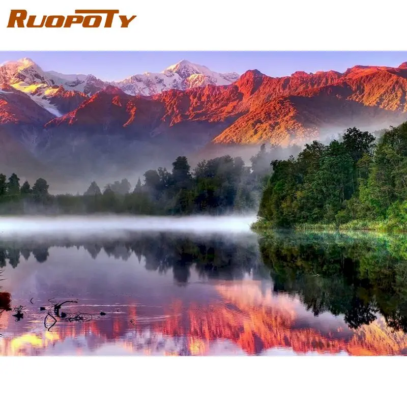 RUOPOTY рамка снежные горы реки Сделай Сам краска по номерам пейзажная для дома