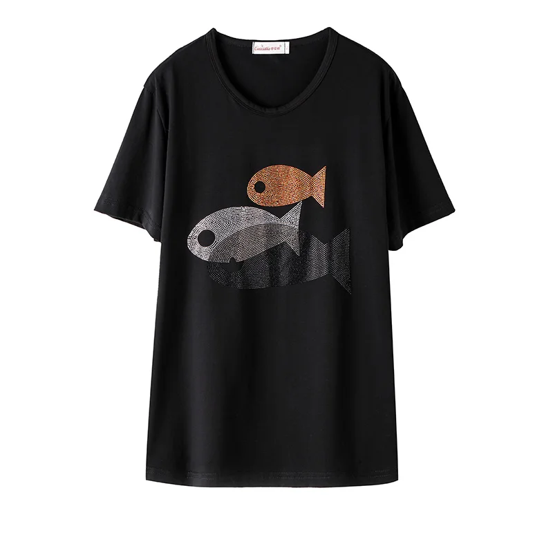 

2021 summer fashion diamond t-shirt women short sleeve stretch cotton top tees plus size