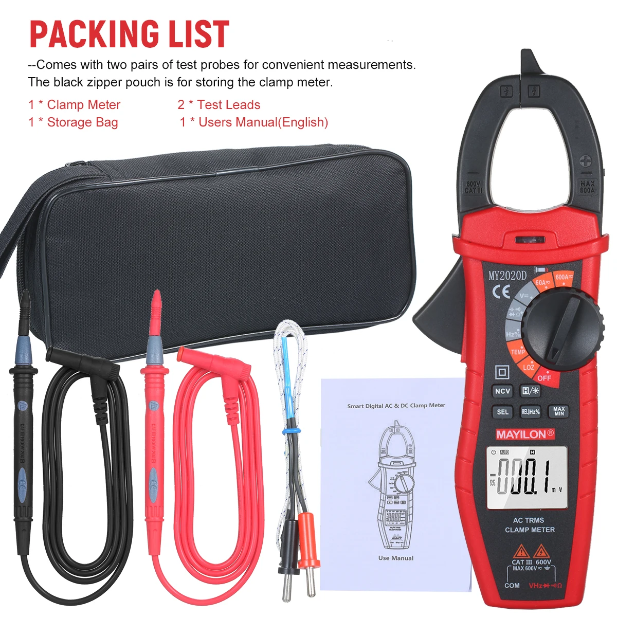 

Digital AC Current Clamp Meter 6000 Count Automatic Range LCD Display Multimeter with Backlight True RMS Clamp Ammeter Universal