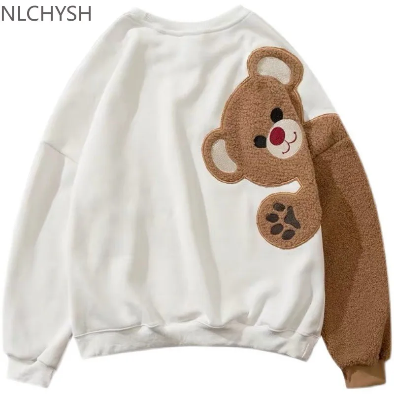 

Oversized Harajuku Hoodies 2021 Autumn Winter Women Fleece Bear Sweatshirts Female Full Sleeve Pullover Loose Couple Clothes Top