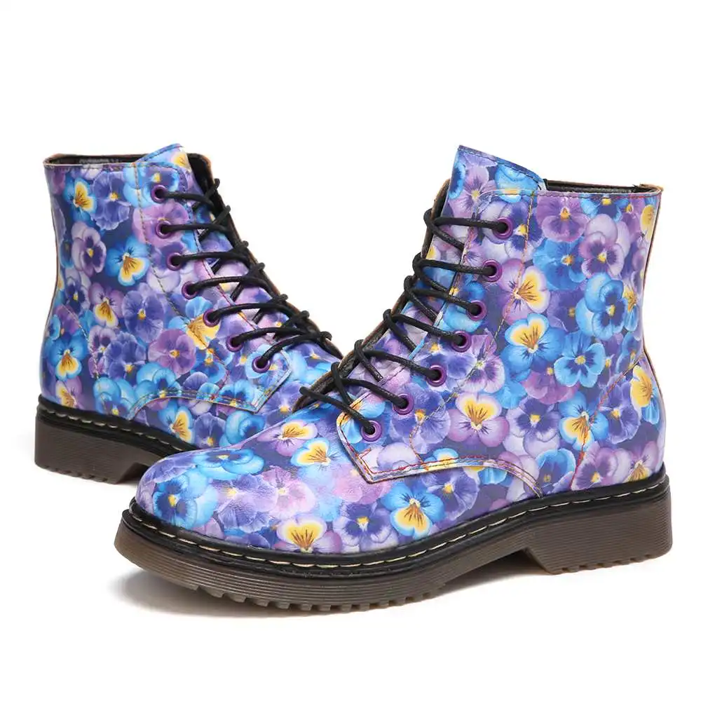 SOCOFY Blue Purple Flowers Printed Boots Wearable Comfy Lace-up Work Style Casual Outdoor Party Shoes Botas Mujer 2020 | Обувь
