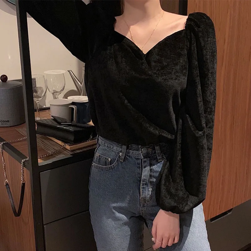 

KUSAHIKI Korea Chic Vintage V-neck Velour Blouse Puff Long Sleeve Pullover Tops Spring New Solid Causal Blusas Shirt 6E501