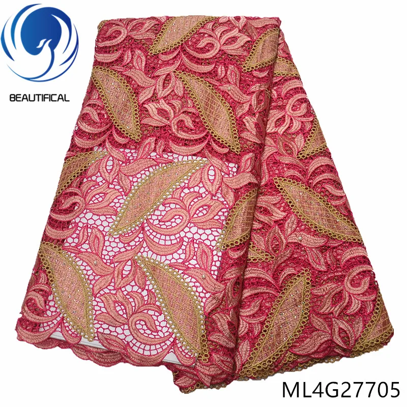 

BEAUTIFICAL nigerian lace fabrics High quality chemical lace embroidery fabric 5yards cord lace beads fabric for wedding ML4G277