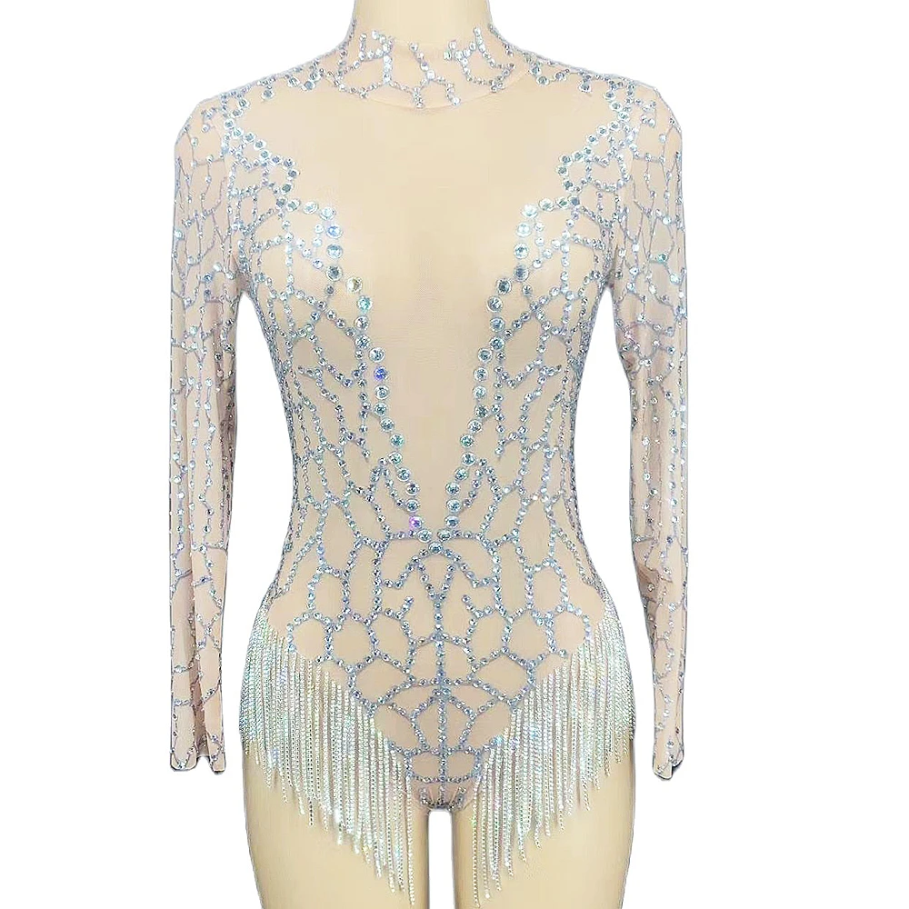 

Sparkling Inlaid Rhinestones Fringes Women Bodysuits Sknny Elastic Halter Jumpsuits DJ Singer Dance Stage Wear Nightclub Outfit