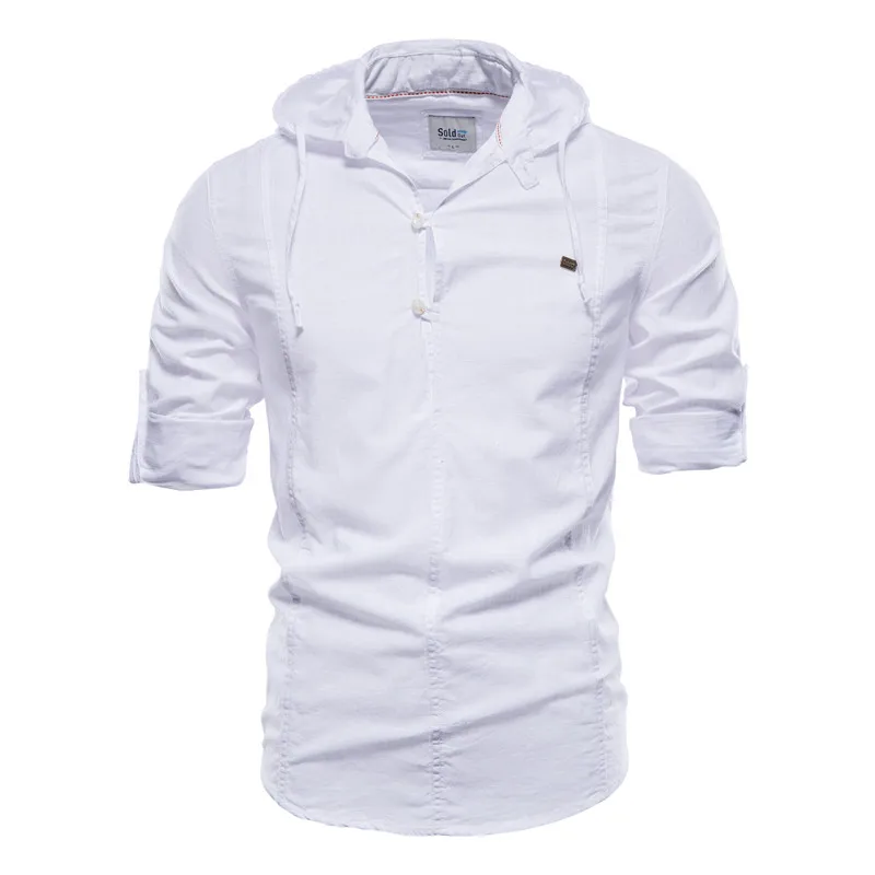 Summer Design Hoodied Long Sleeve Linen Shirt Men Solid Color Cotton Quality Pullover Shirt For Men Streetwear Men's Shirts Top