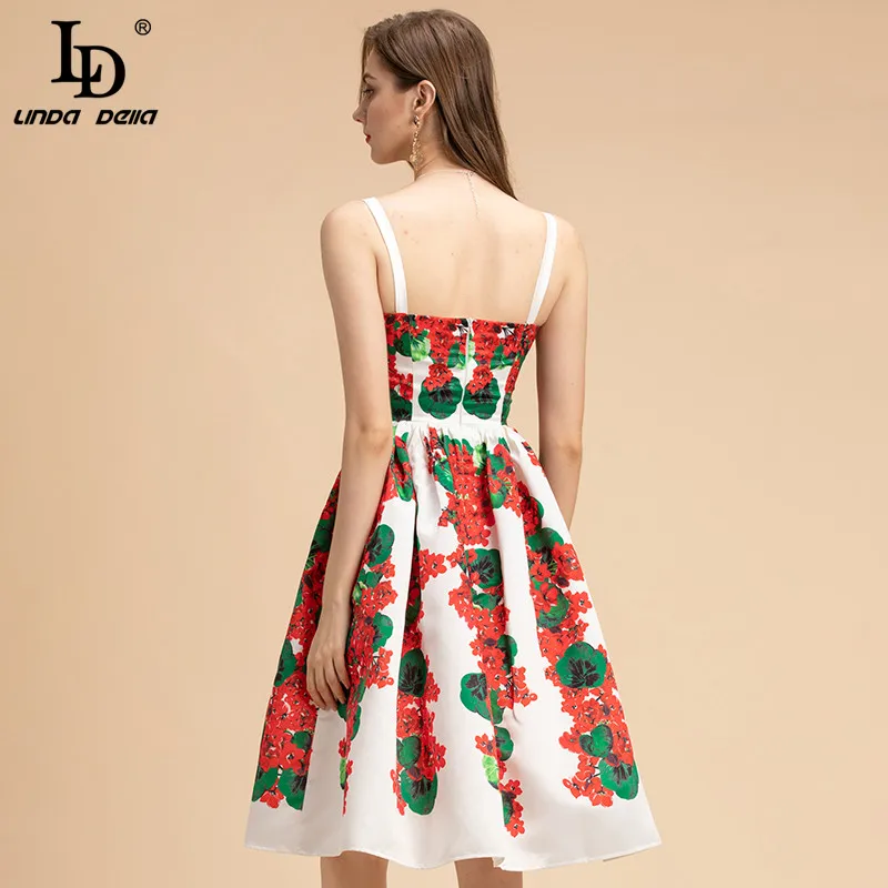 

LD LINDA DELLA Summer Fashion Runway Vacation Dress Women Spaghetti Strap Flower Print Beading Bohemian A-Line Knee Length Dress