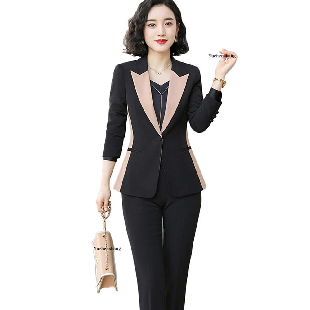 

Женский брючный костюм, офисный женский офисный черный, абрикосовый рабочий пиджак, блейзер и брюки, комплект из 2 предметов
