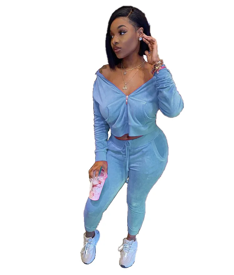 

High Quality Casual Women Velvet Tracksuits Lady's Solid Zipper Short Hoodies Sweatshirt Pants Two Piece Sets 2020 Autumn