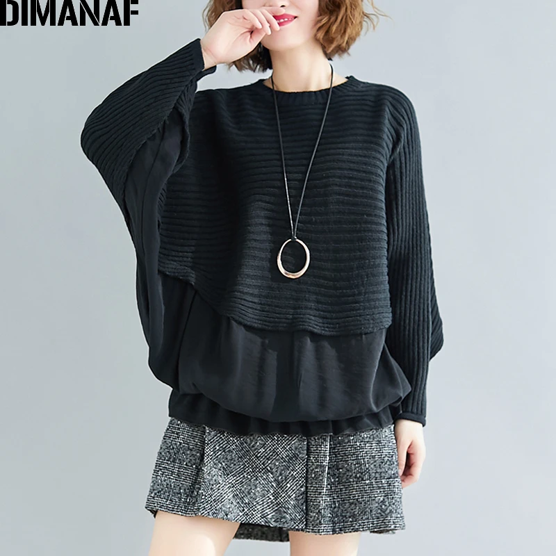 

DIMANAF Oversize Autumn Women Sweater Tops Pullover Knitting Oversize Female Lady Fashion Casual Batwing Sleeve Black Clothing