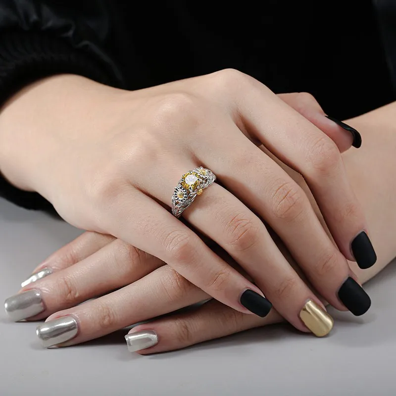 

Korean Style Daisy Flower Gemstone Rings Women Adjustable Wedding Party Engagement Finger Rings Statement Jewelry Gift