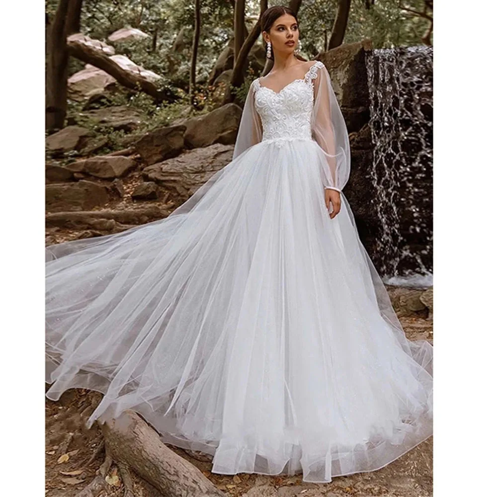 

WUZHIYI Simple A Line Wedding Dress Lace-Up Back Design Appliques Puff Sleeve White Bridal Gown Vestido Feminino Robe Mariage