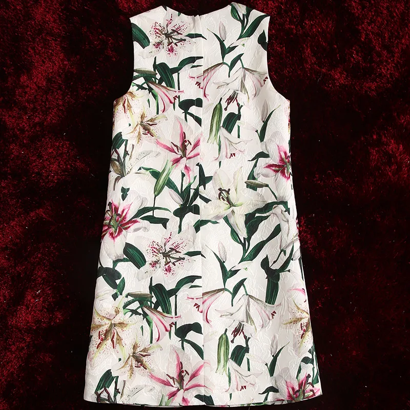 

Lily Print Beaded Dress Women's Summer New Ladies Temperament Crew Neck Sleeveless Slim Short Skirt