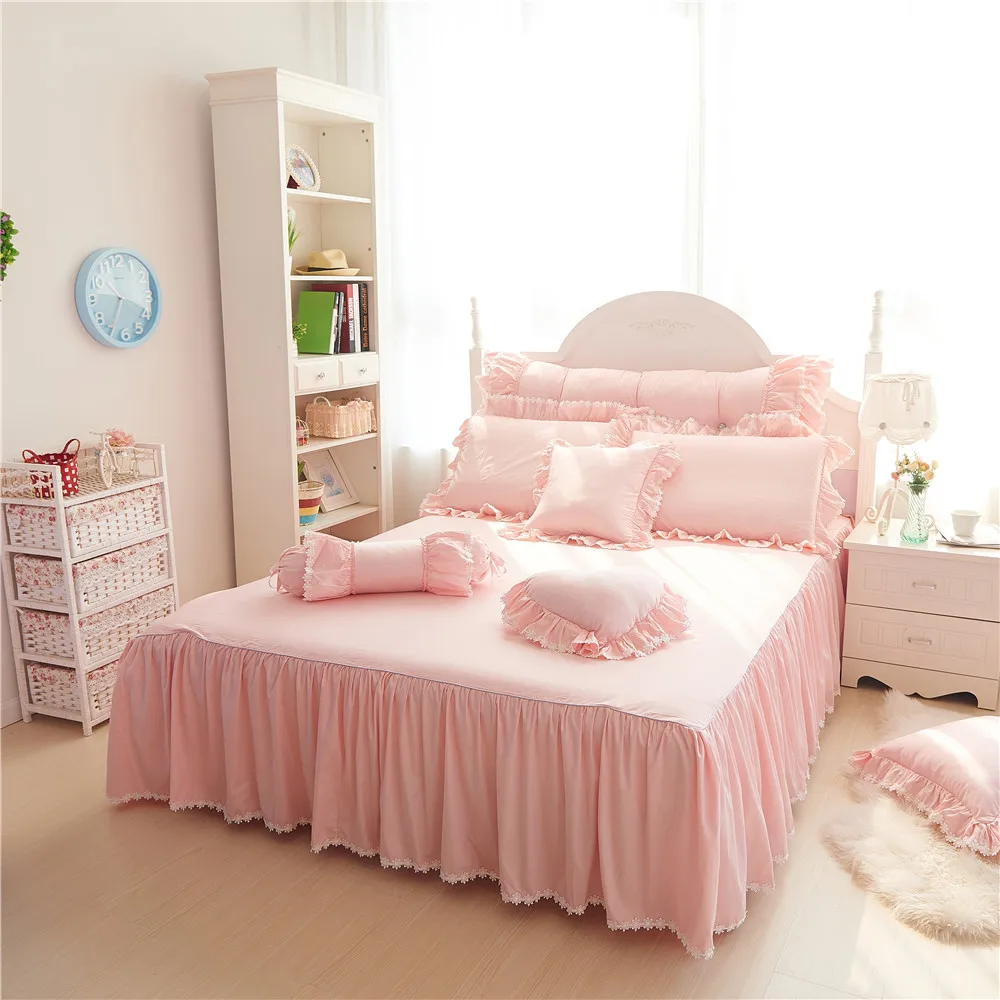 

Pink Lace Princess Wedding Luxury Bedding Set King Queen Size Cotton Stain Bed Set Duvet Cover Bedspread Pillowcase bedclothes
