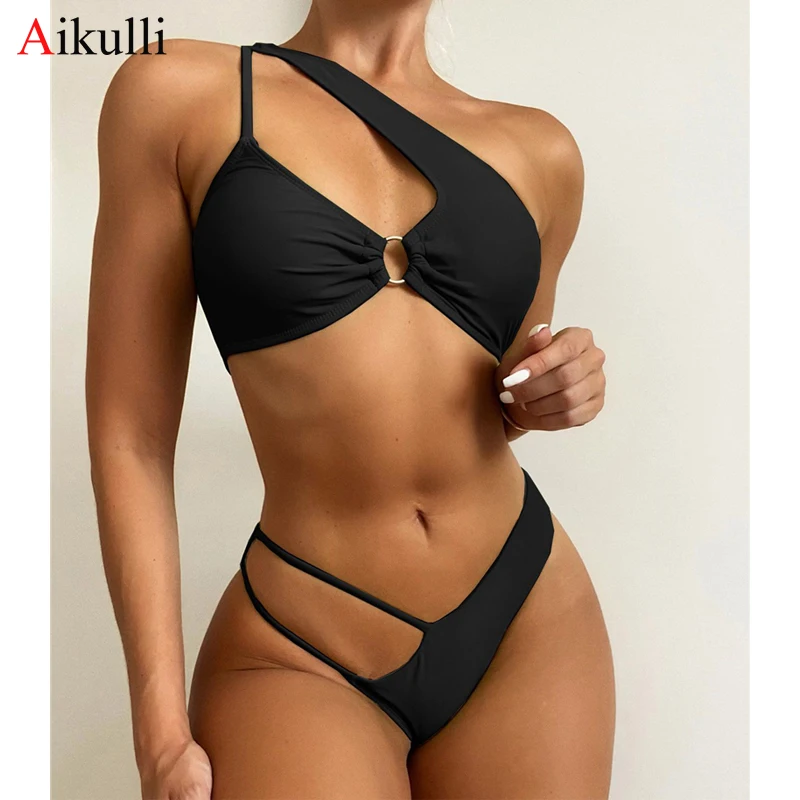 

Sexy One Shoulder Bikinis Swimwear 2021 Ring Swimsuits Women Irregular Cut Out Bathing Suits Summer Beach Wear Brazilian Biquini
