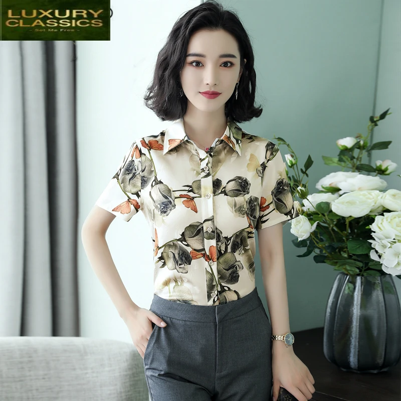 Blouses and Womens Tops Summer Short Sleeve Blouse Plus Size Real Silk Shirts Korean Fashion Clothing Blusas 2021 LWL1575