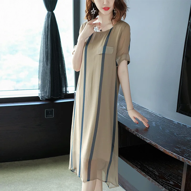 100% шелковое платье женское длинное в полоску летние пляжные платья с принтом