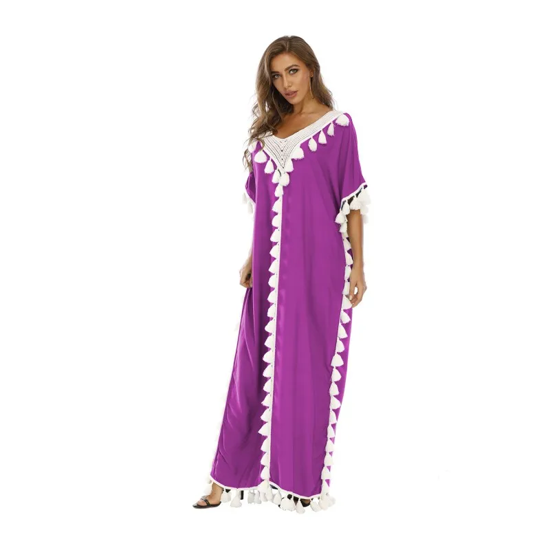 

Middle East Muslim Fringed Robe European And American Fashion Summer New Casual Women's V-neck Short-sleeved Robe 2021