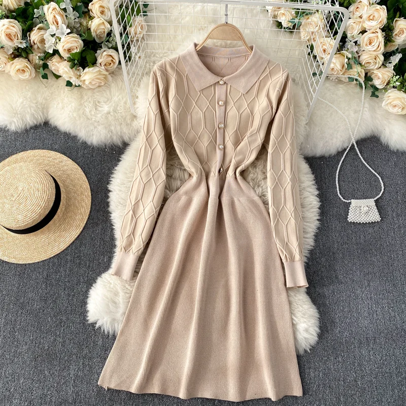 

2021 Autumn Winter Korean Fashion Casual Knitting Dress Women Vintage Long Sleeve Sweater Dress All-match Robe Femme Vestidos