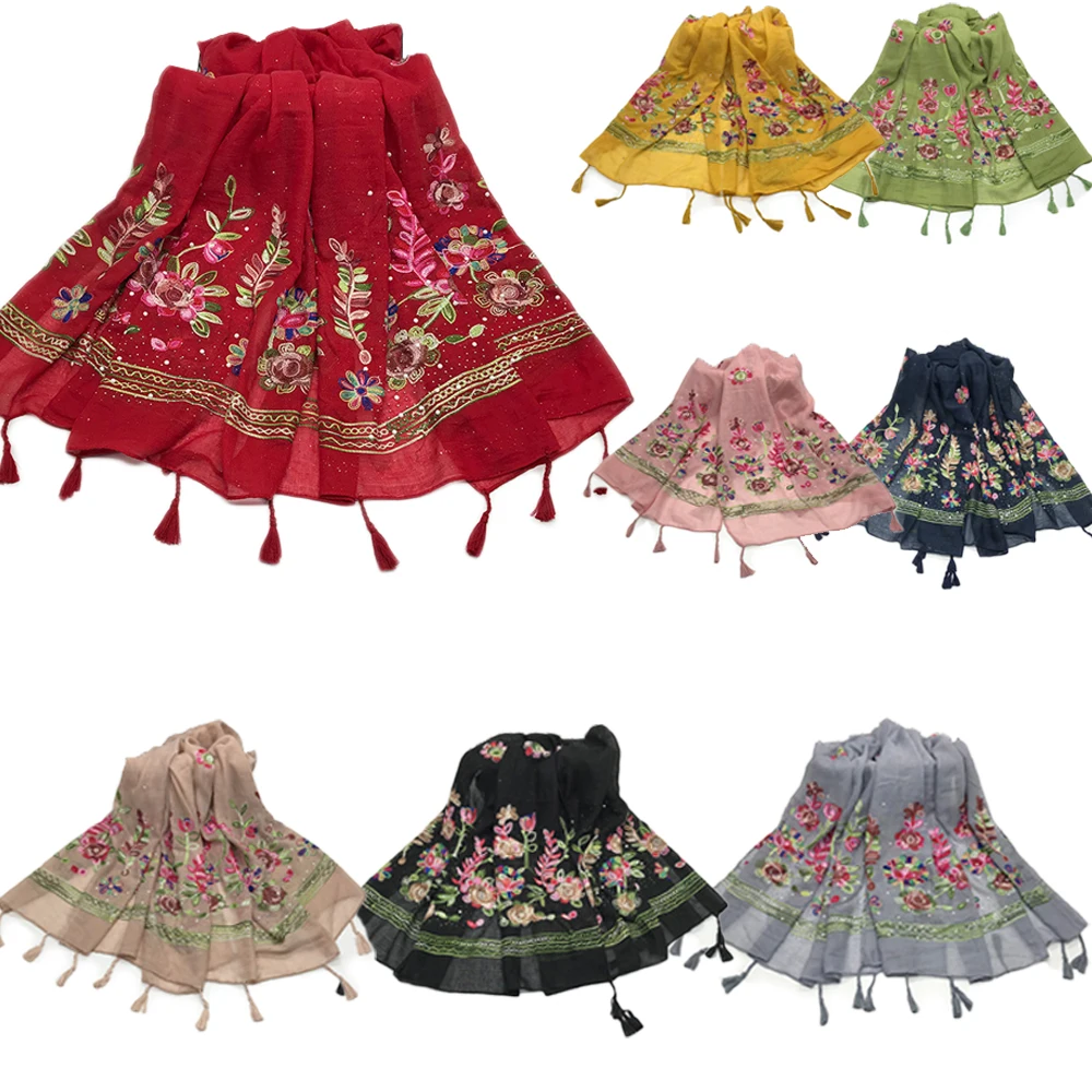 

Женская хлопковая льняная шаль с цветочной вышивкой, шарф с кисточками, бандана, шарфы, головные повязки, мягкий мусульманский хиджаб