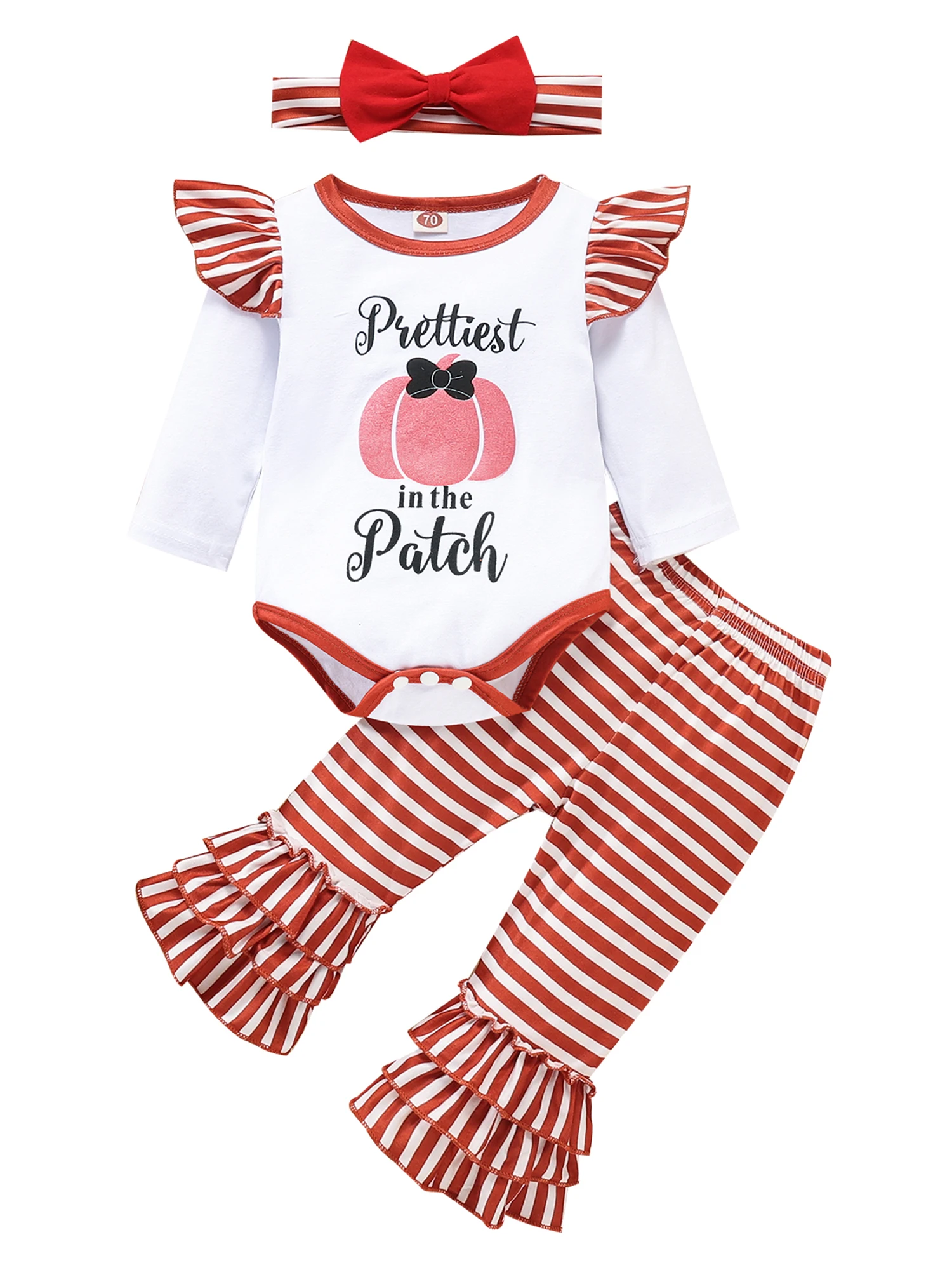 

Комплекты одежды для маленьких девочек на Хэллоуин 3 шт., повседневный комбинезон с круглым воротником и принтом, эластичные расклешенные б...