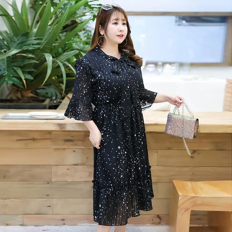 

XL-4XL 2020 Spring New Large Size Chiffon Dress Women Summer Casual Floral Print Dress Bohemian Plus size Pleated Party Dresses